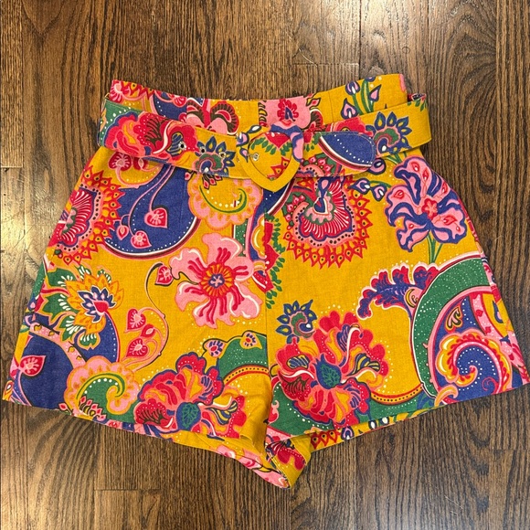 Zimmermann Lovestruck Belted Linen Shorts in Yellow Gold Paisley Size 2 / US 8